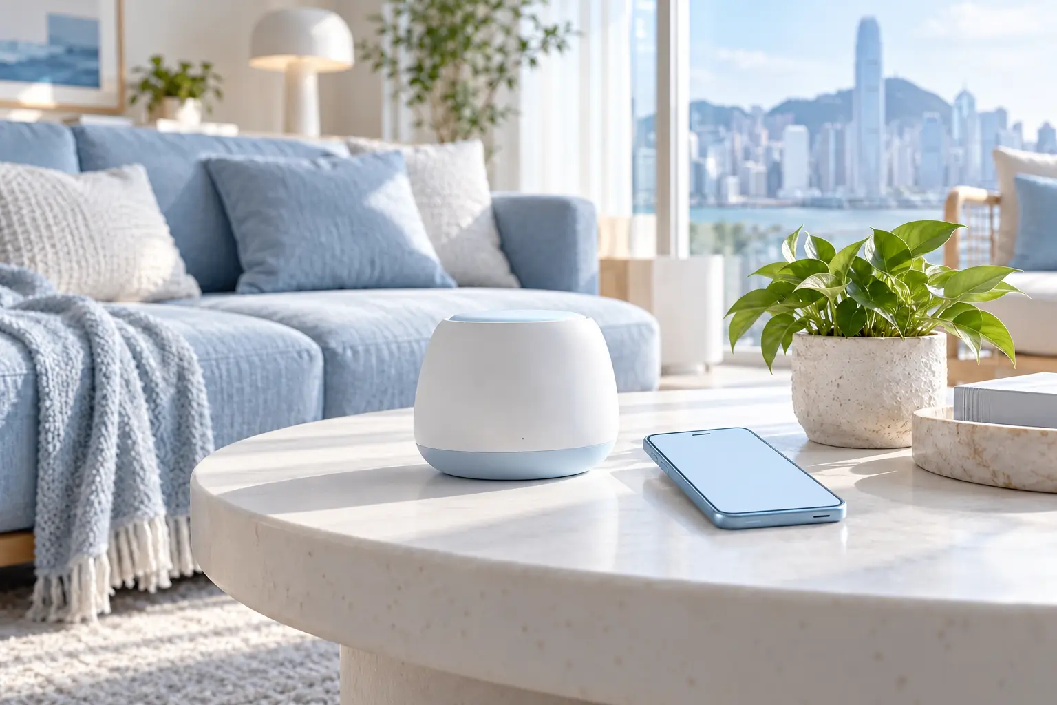 A blue-and-white home interior with a phone, a tabletop device and green plants